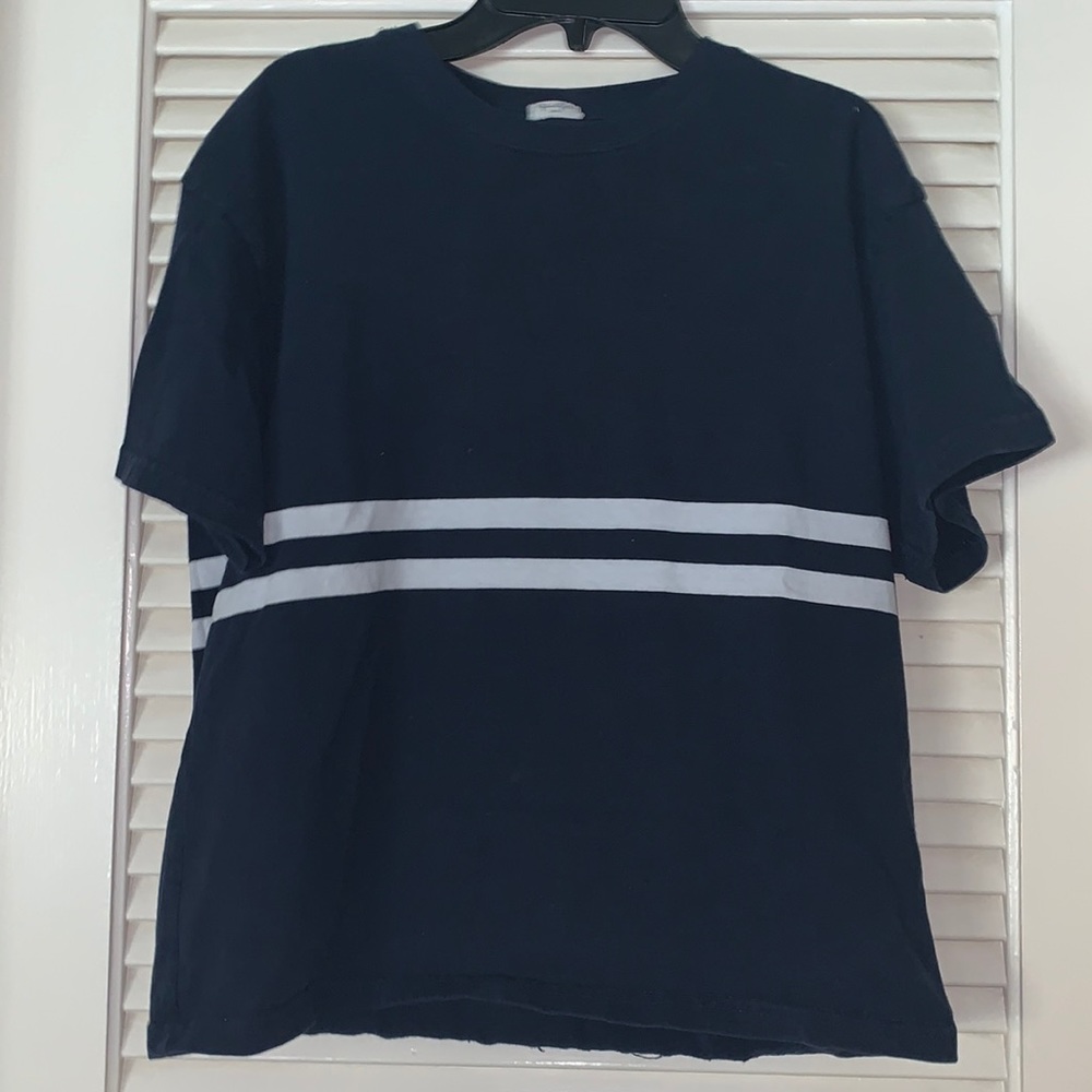 john galt small blue tee with 2 white stripes